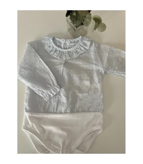 CONJUNTO BODOQUES BLANCO CON BLUSA PLUMETI Y CAPOTA