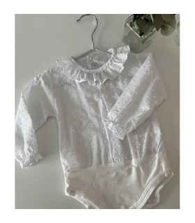 CONJUNTO BODOQUES BLANCO CON BLUSA PLUMETI Y CAPOTA