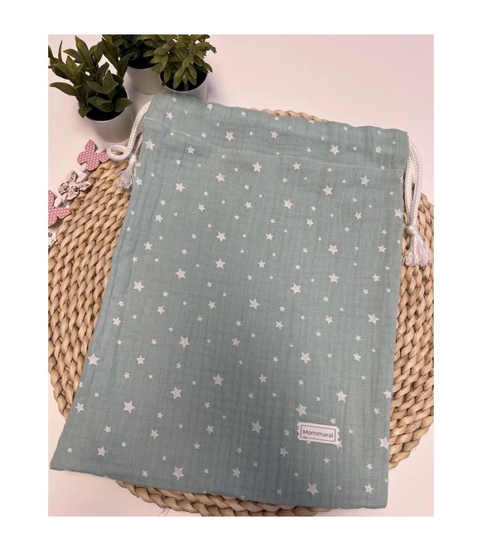 MUSELINA ESTRELLAS VERDE AGUA + BOLSITA