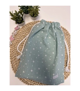 MUSELINA ESTRELLAS VERDE AGUA + BOLSITA