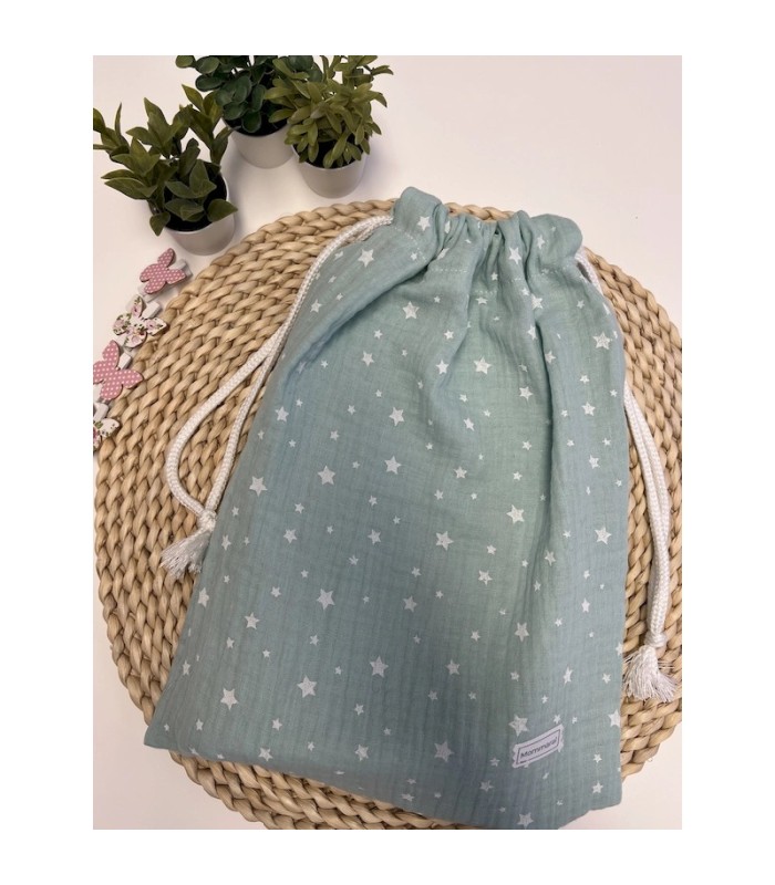 MUSELINA ESTRELLAS VERDE AGUA + BOLSITA