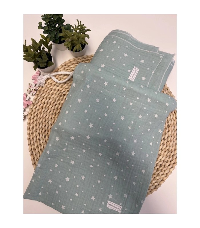 MUSELINA ESTRELLAS VERDE AGUA + BOLSITA