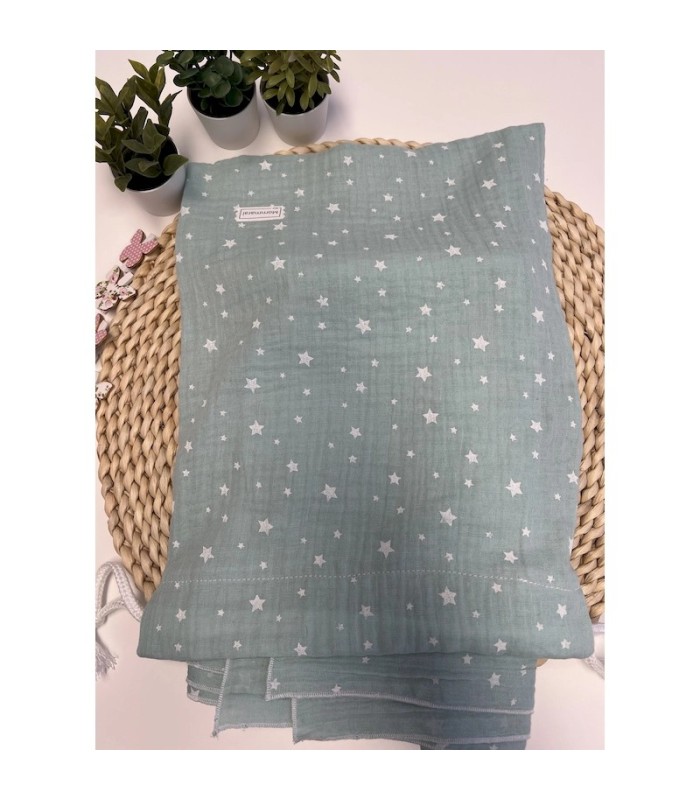 MUSELINA ESTRELLAS VERDE AGUA + BOLSITA